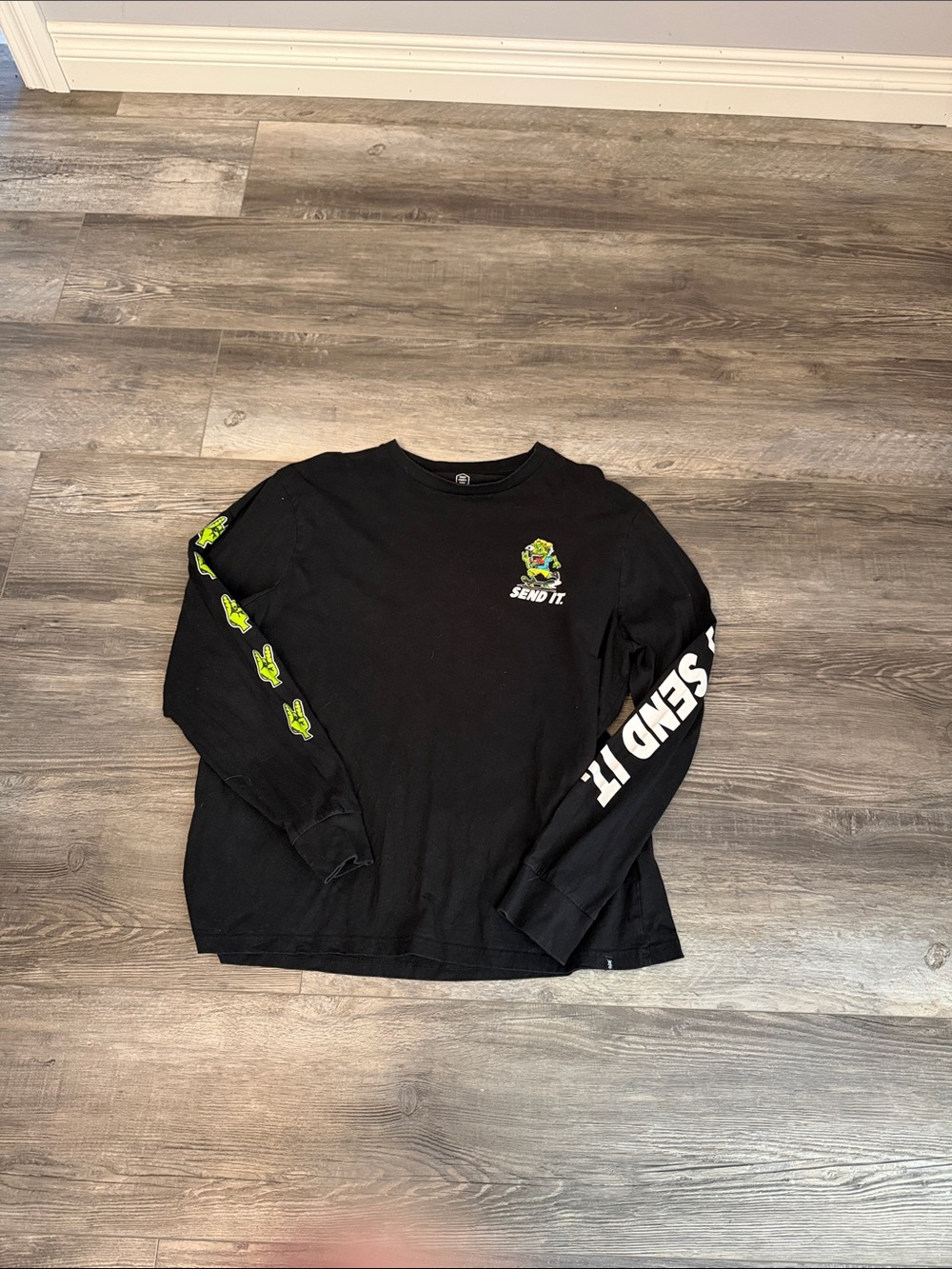 West Forty Nine Men’s Black Long-Sleeve Graphic Tee with Neon Green Accents
